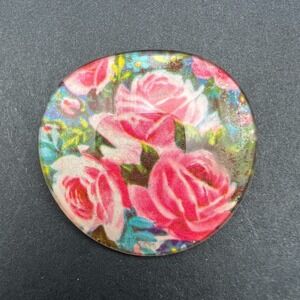 Floral Decoupage Brooch Pink Rose Art Glass Vintage Romantic Cottagecore Revival